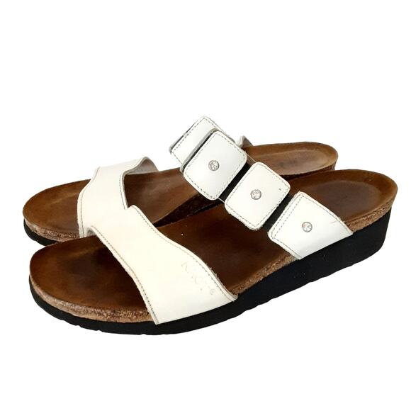 Naot Ashley Rhinestone White Leather Slide Sandals Open Toe Womens 7 Orthotic - Picture 2 of 9